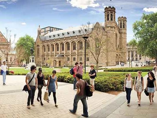 The University of Adelaide campus with students walking between class